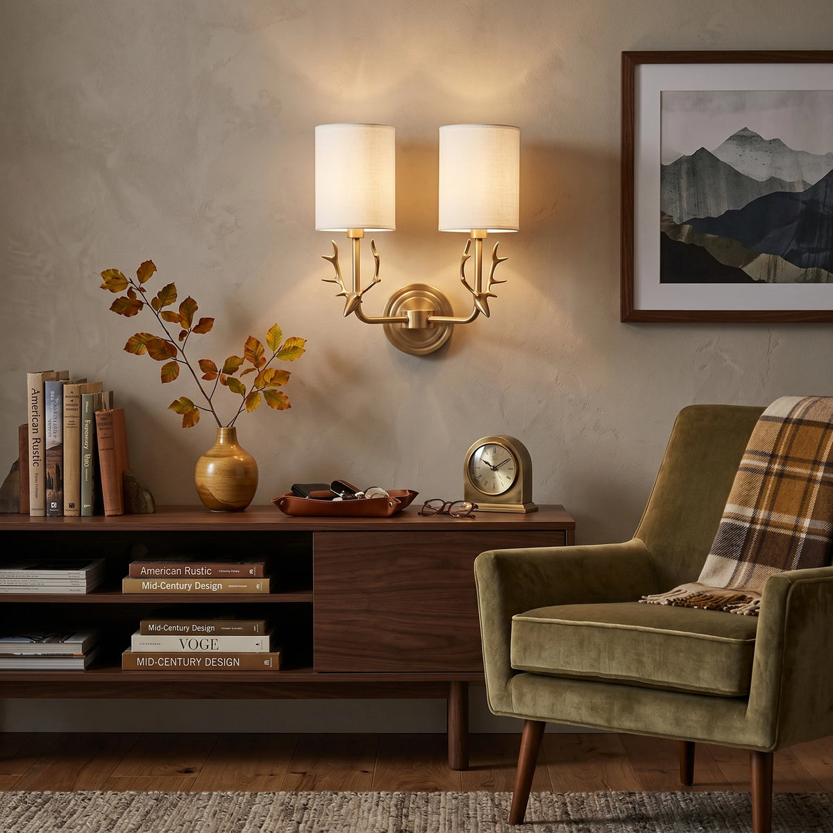 Vintage Brass Antler Wall Sconce Over Living Room Credenza