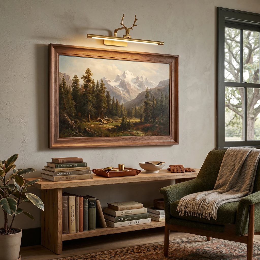 Vintage Antler Picture Lamp Over Landscape Painting