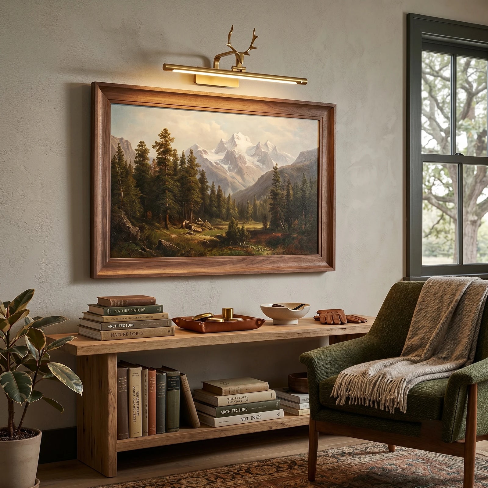 Vintage Antler Picture Lamp Over Landscape Painting