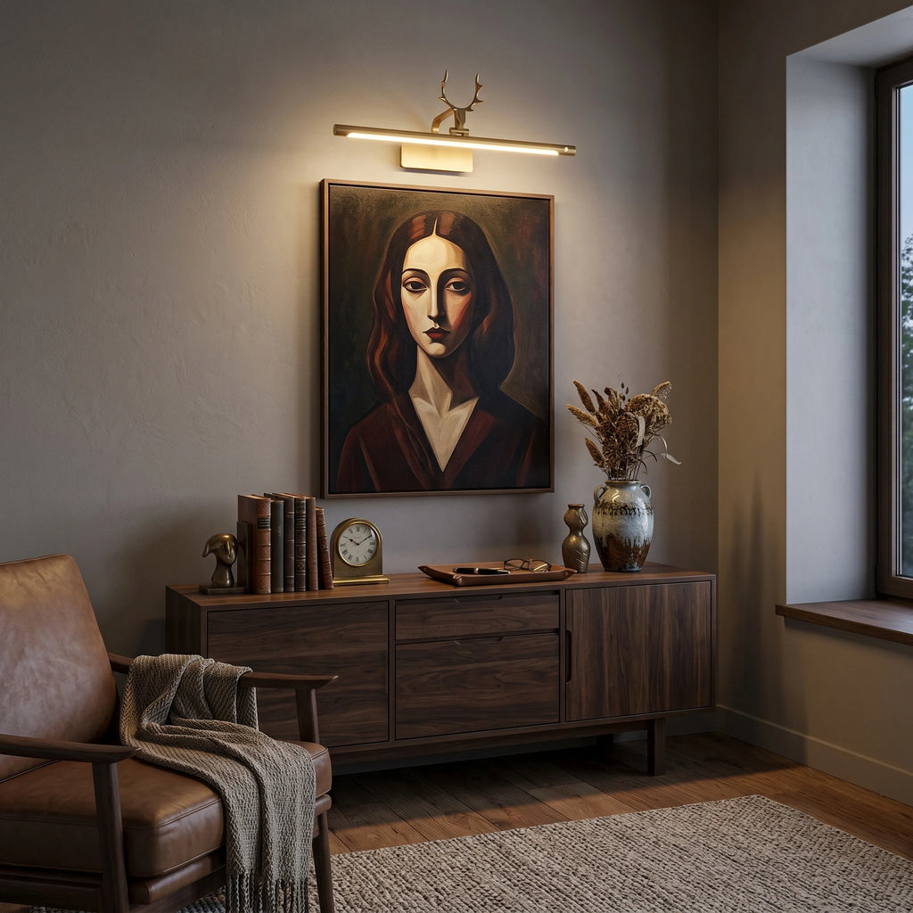 Vintage Brass Antler Picture Light Over Portrait Artwork