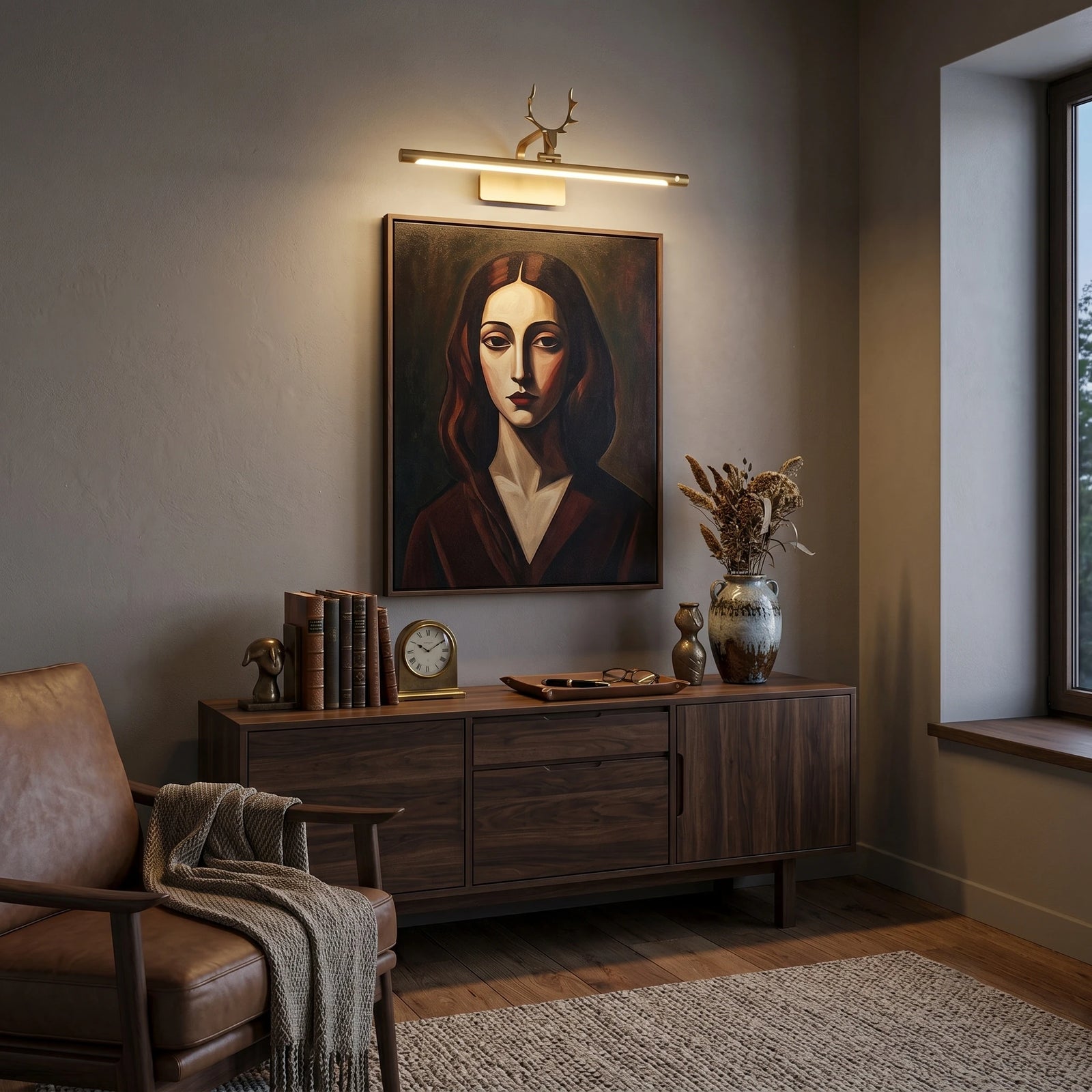Vintage Brass Antler Picture Light Over Portrait Artwork