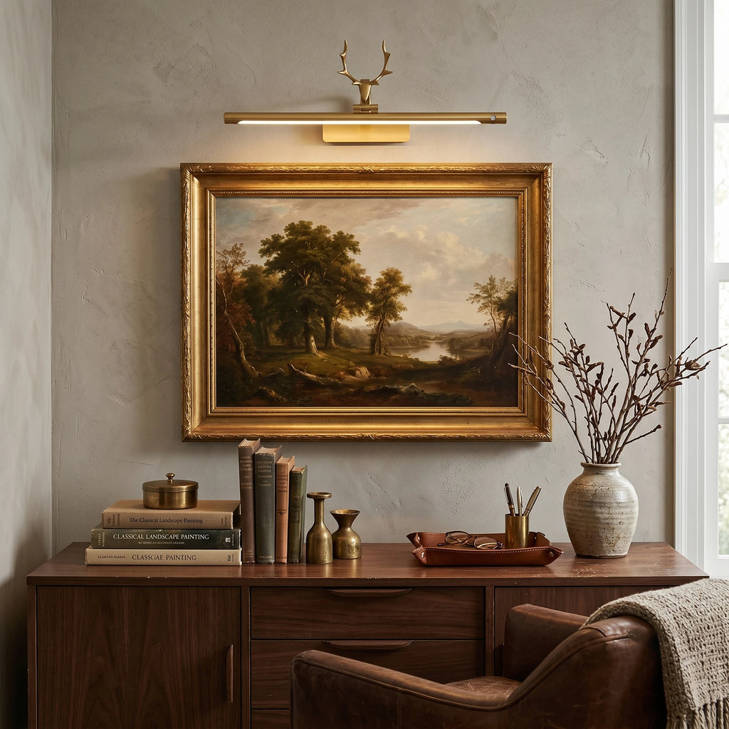 French Country Antler Picture Light Over Living Room Painting