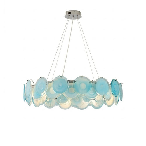 Modern Silver Frame and Teal Layered Wave Disc Art Glass Chandelier with Silver Canopy on Pure White Background