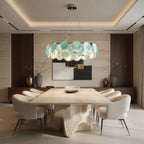 Modern Silver Frame Teal Wave Disc Chandelier in Luxury Dining Area