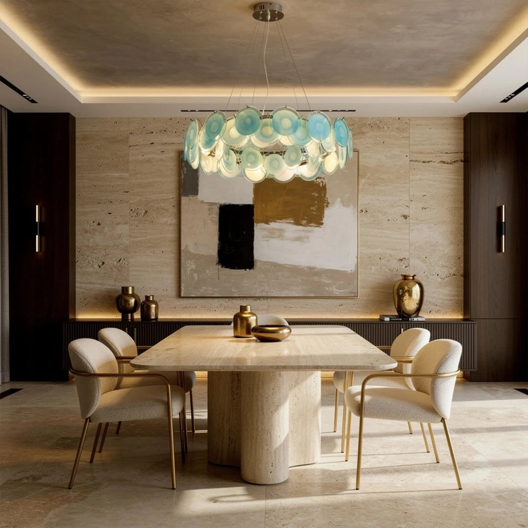 Modern Teal Layered Wave Disc Art Glass Chandelier in Grand Dining Room