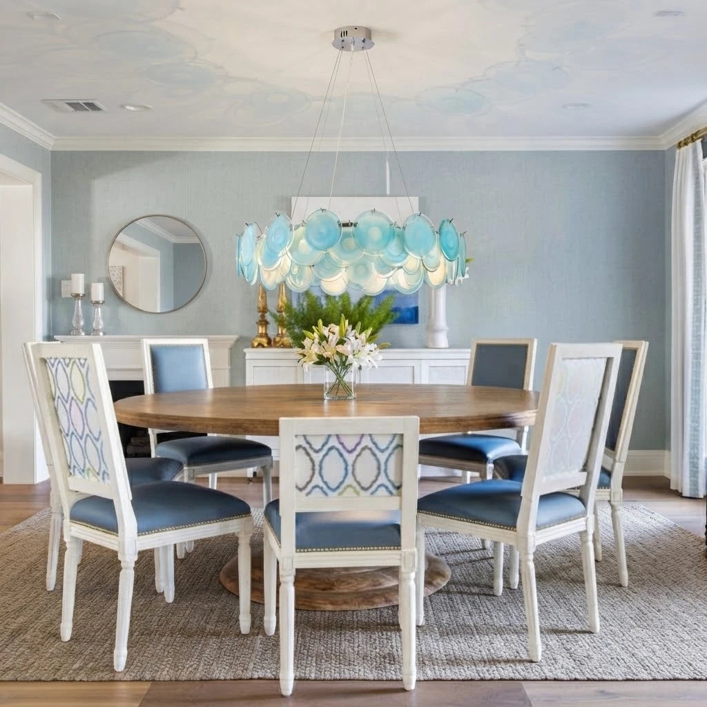 Modern Silver Frame Teal Wave Disc Chandelier in Luxury Dining Interior