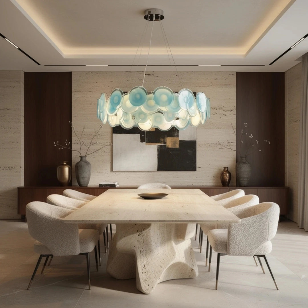 Modern Teal Layered Wave Disc Art Glass Chandelier in Elegant Dining Setting