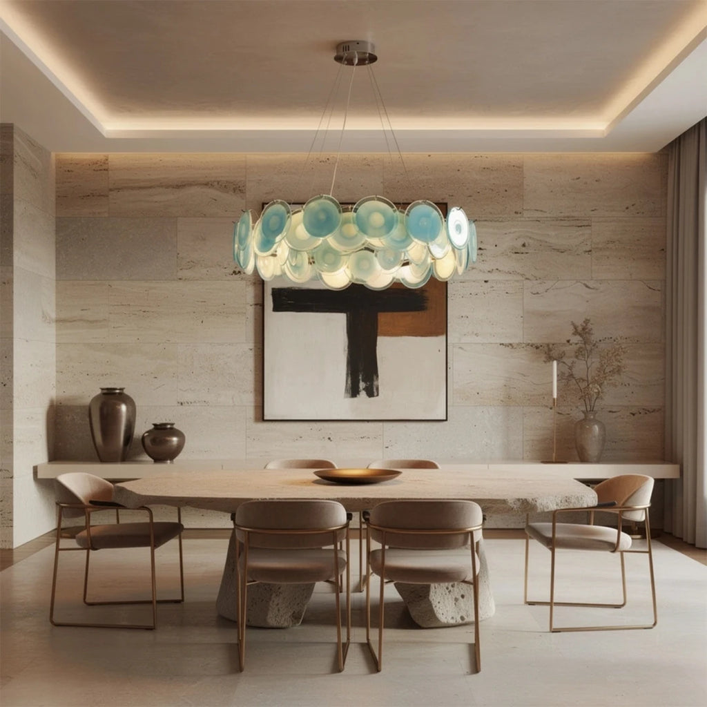 Modern Silver Frame Teal Wave Disc Chandelier in Classic Dining Setting
