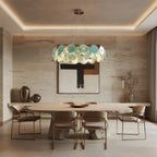 Modern Silver Frame Teal Wave Disc Chandelier in Classic Dining Setting