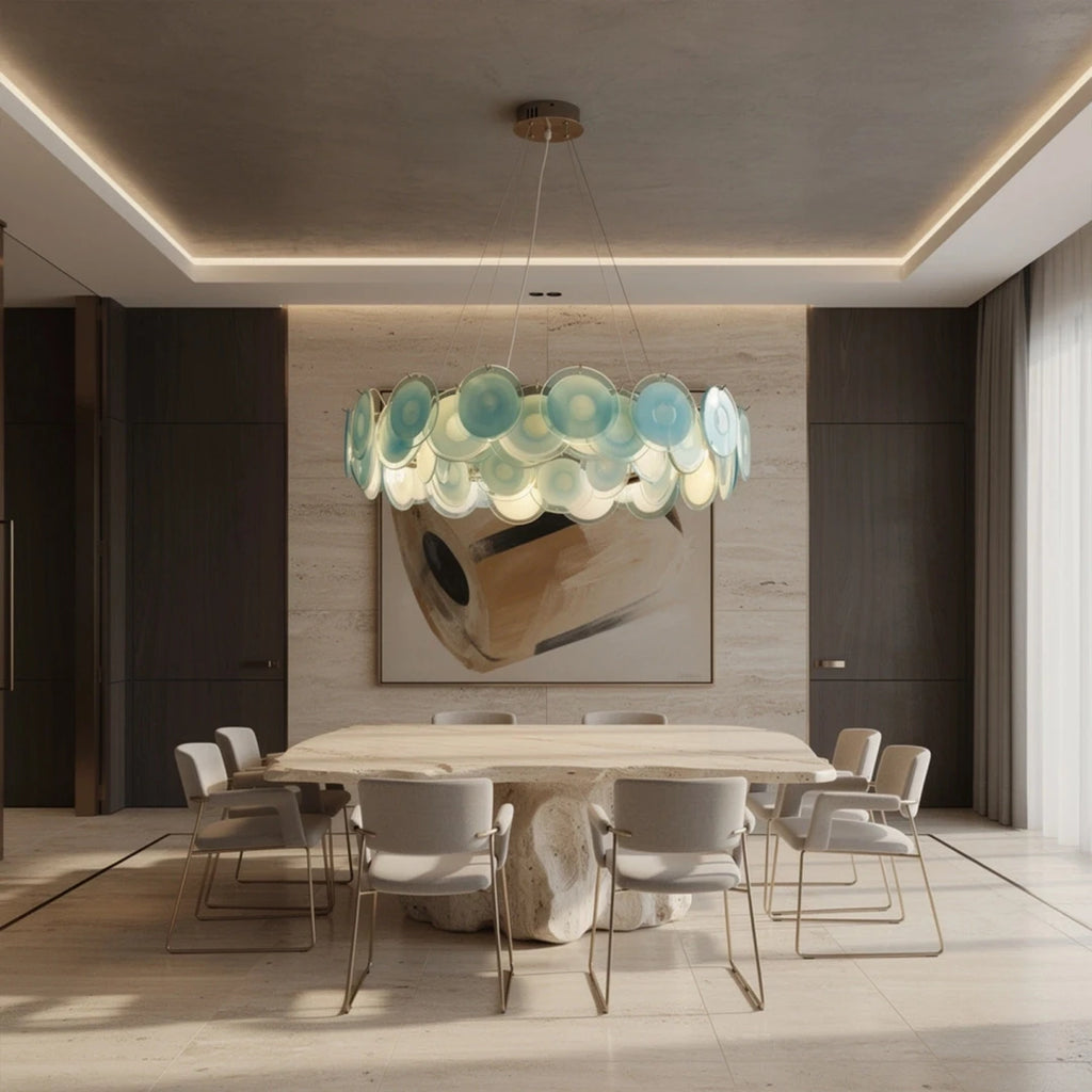 Modern Teal Layered Wave Disc Art Glass Chandelier in Contemporary Dining Space