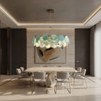 Modern Teal Layered Wave Disc Art Glass Chandelier in Contemporary Dining Space