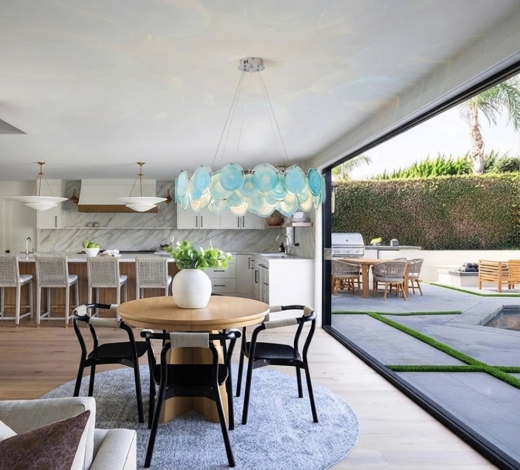 Modern Silver Frame Teal Wave Disc Chandelier in Open Plan Kitchen Dining