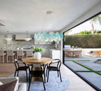 Modern Silver Frame Teal Wave Disc Chandelier in Open Plan Kitchen Dining