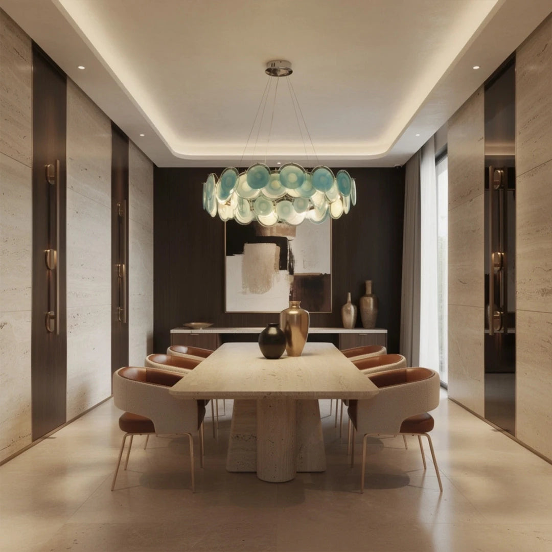 Modern Teal Layered Wave Disc Art Glass Chandelier in Open Plan Dining Setting