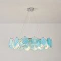 Illuminated Modern Silver Frame Teal Wave Disc Chandelier Studio Shot