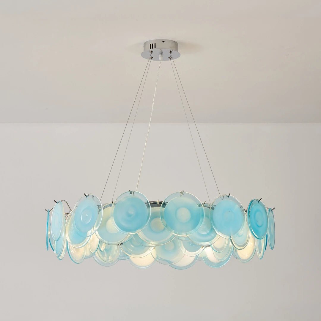 Illuminated Modern Silver Frame Teal Wave Disc Chandelier Studio Shot