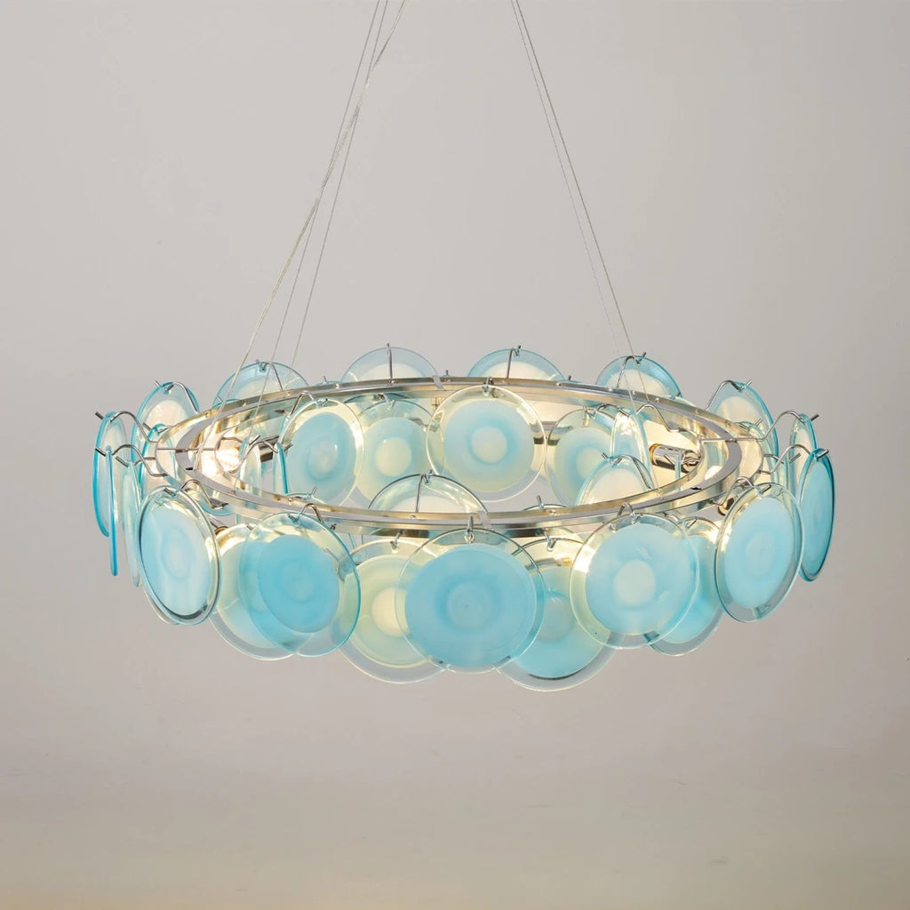 Illuminated Modern Silver Frame Teal Wave Disc Chandelier Studio Display