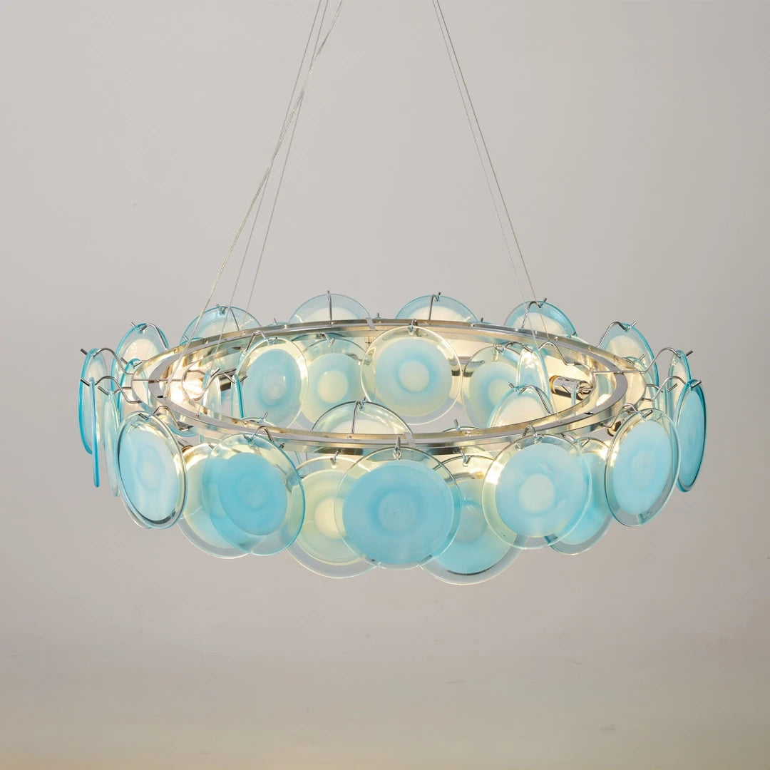 Illuminated Modern Silver Frame Teal Wave Disc Chandelier Studio Display
