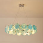Illuminated Modern Teal Layered Wave Disc Art Glass Chandelier Studio Display