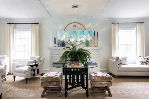 Modern Teal Layered Wave Disc Art Glass Chandelier in Grand Hallway Foyer