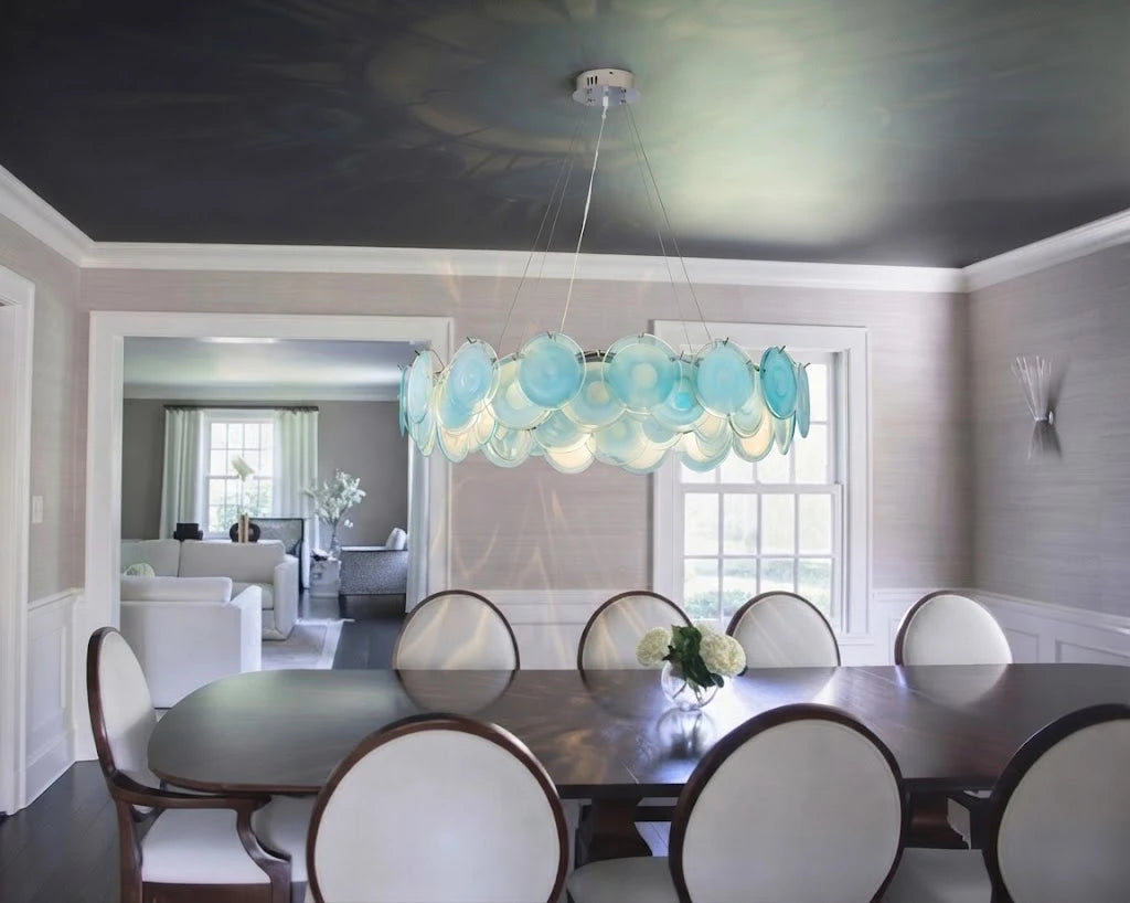 Modern Teal Layered Wave Disc Art Glass Chandelier in Luxury Dining Room