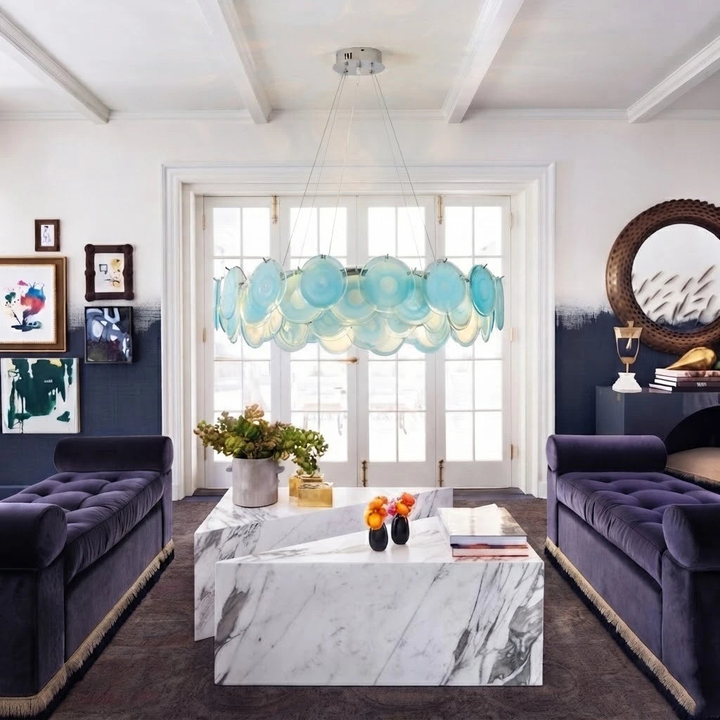 Modern Silver Frame Teal Wave Disc Chandelier in Luxury Living Room