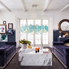 Modern Silver Frame Teal Wave Disc Chandelier in Luxury Living Room