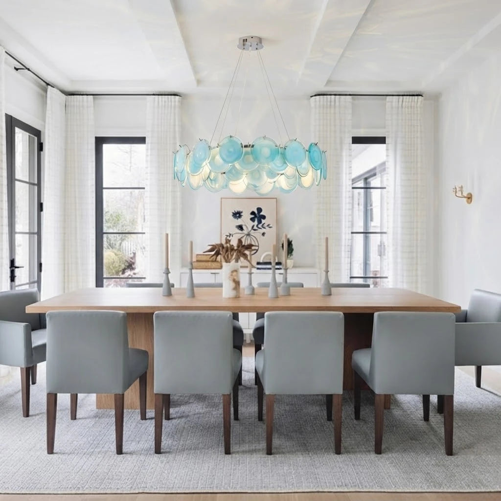 Modern Teal Layered Wave Disc Art Glass Chandelier in Formal Dining Room