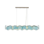 Modern Silver Frame and Teal Layered Wave Disc Art Glass Linear Chandelier with Silver Canopy on Pure White Background