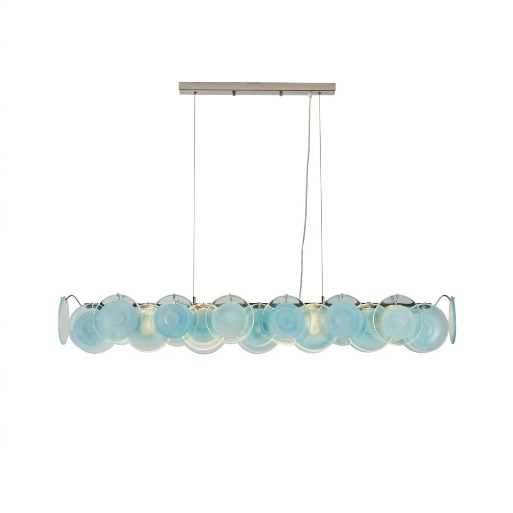 Modern Silver Frame and Teal Layered Wave Disc Art Glass Linear Chandelier with Silver Canopy on Pure White Background