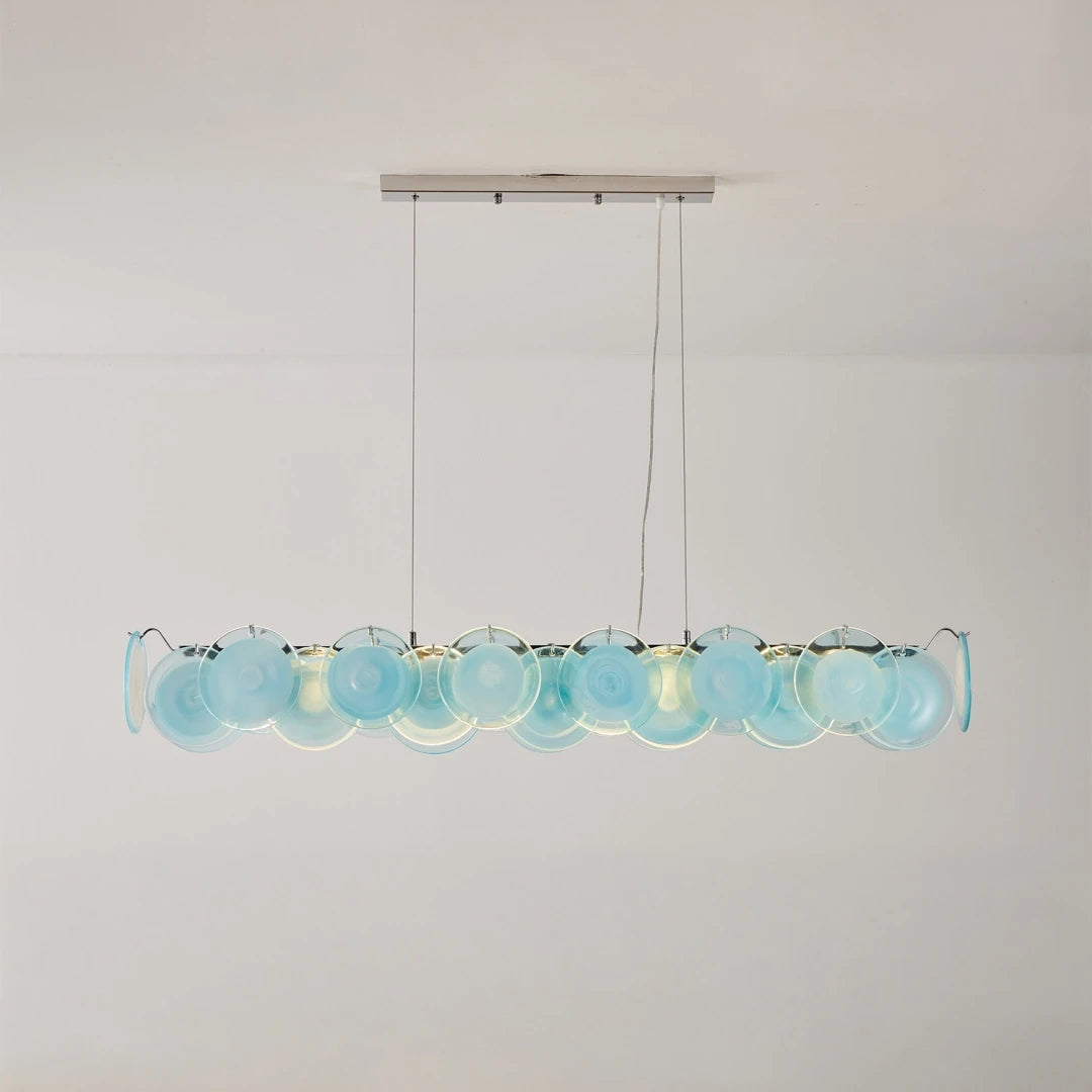 Illuminated Modern Silver Frame Teal Wave Disc Linear Chandelier Studio Shot