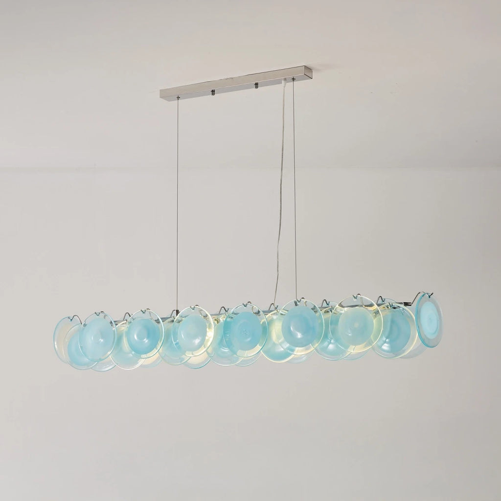 Illuminated Modern Teal Layered Wave Disc Art Glass Linear Chandelier Studio Display