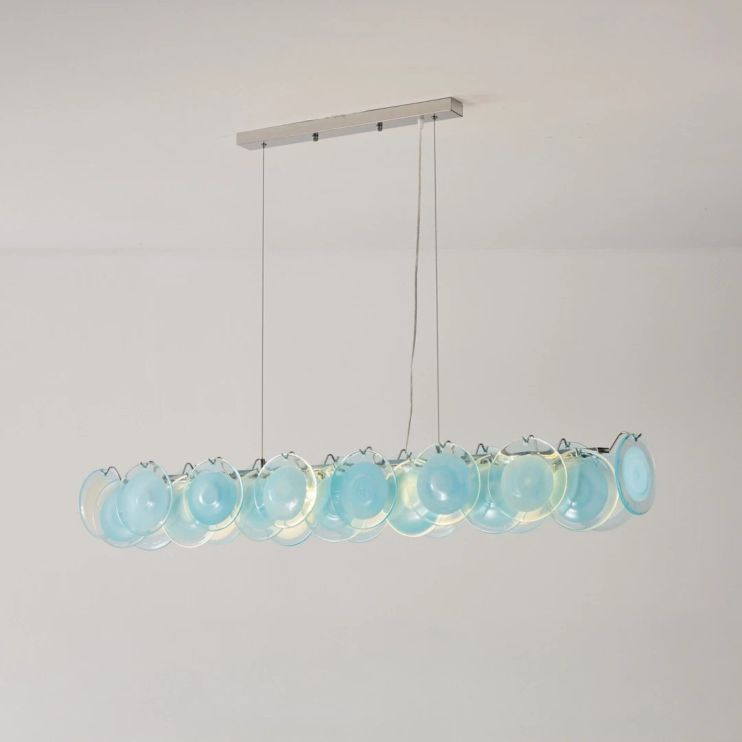Illuminated Modern Teal Layered Wave Disc Art Glass Linear Chandelier Studio Display