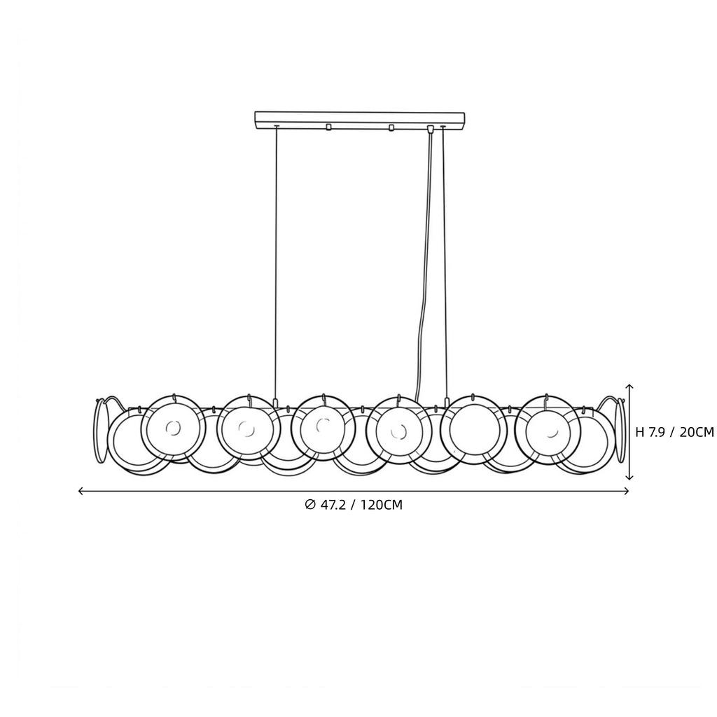 Modern Teal Layered Wave Disc Art Glass Linear Chandelier Line Art Dimension Diagram