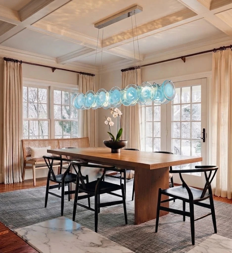 Modern Teal Layered Wave Disc Art Glass Linear Chandelier in Stylish Dining Room