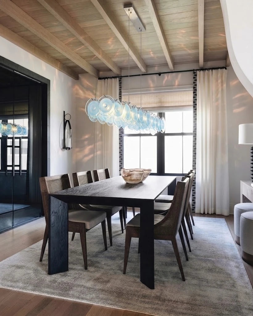 Modern Teal Layered Wave Disc Art Glass Linear Chandelier in Cozy Dining Space