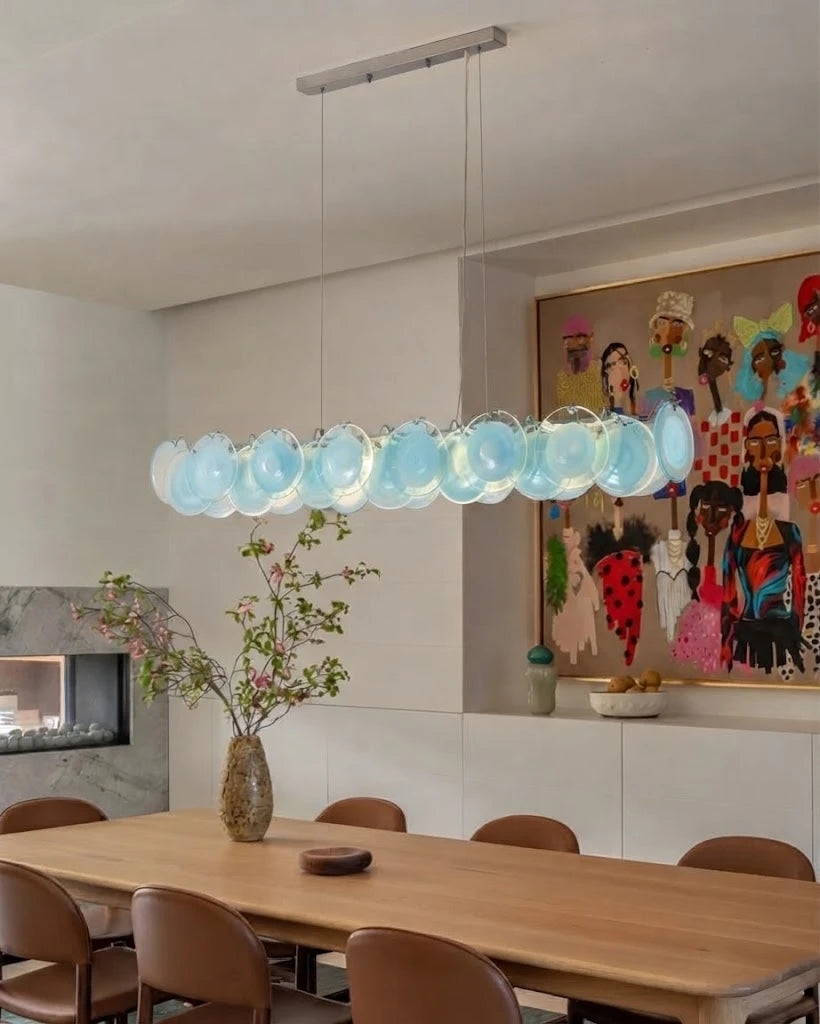Modern Teal Layered Wave Disc Art Glass Linear Chandelier in Minimalist Interior
