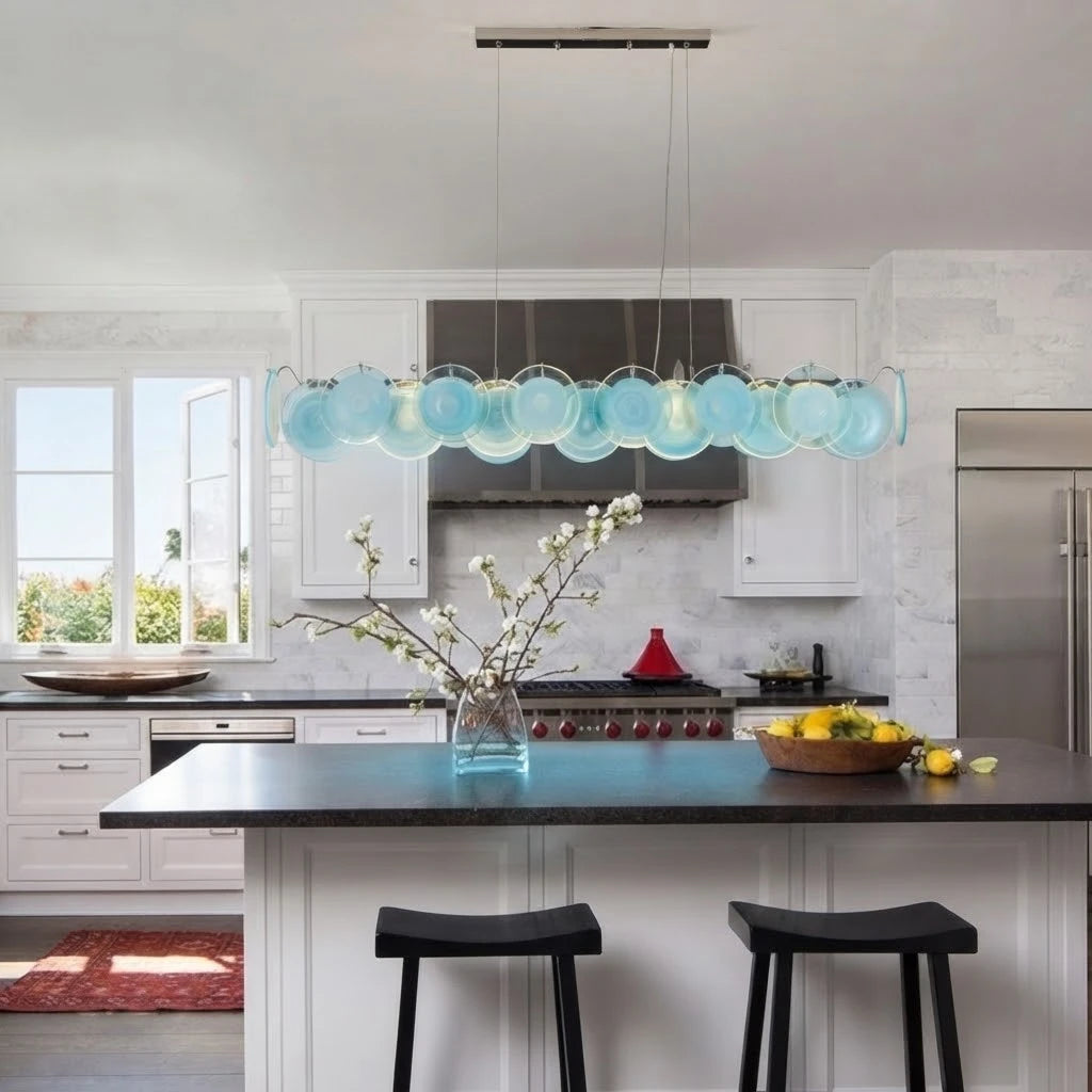 Modern Silver Frame Teal Wave Disc Linear Chandelier Over Kitchen Breakfast Bar
