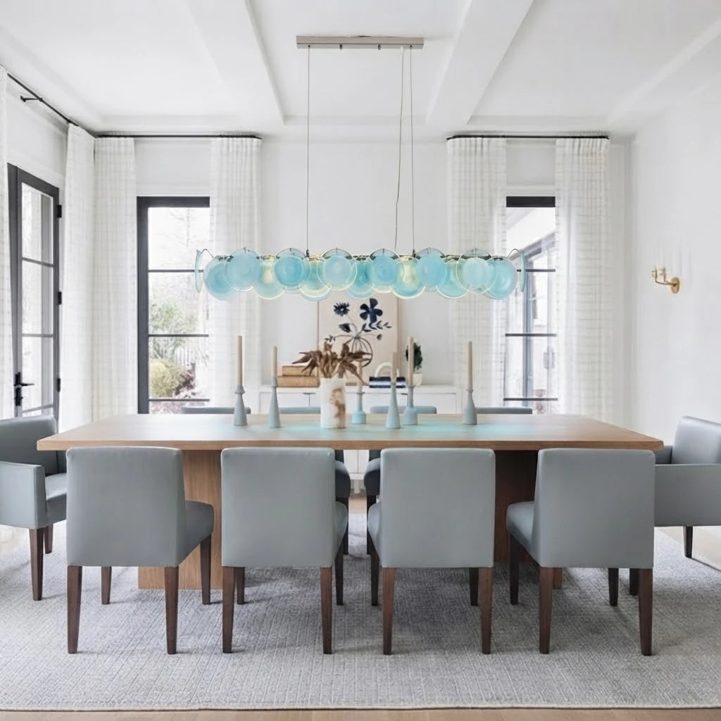 Modern Teal Layered Wave Disc Art Glass Linear Chandelier in Formal Dining Room