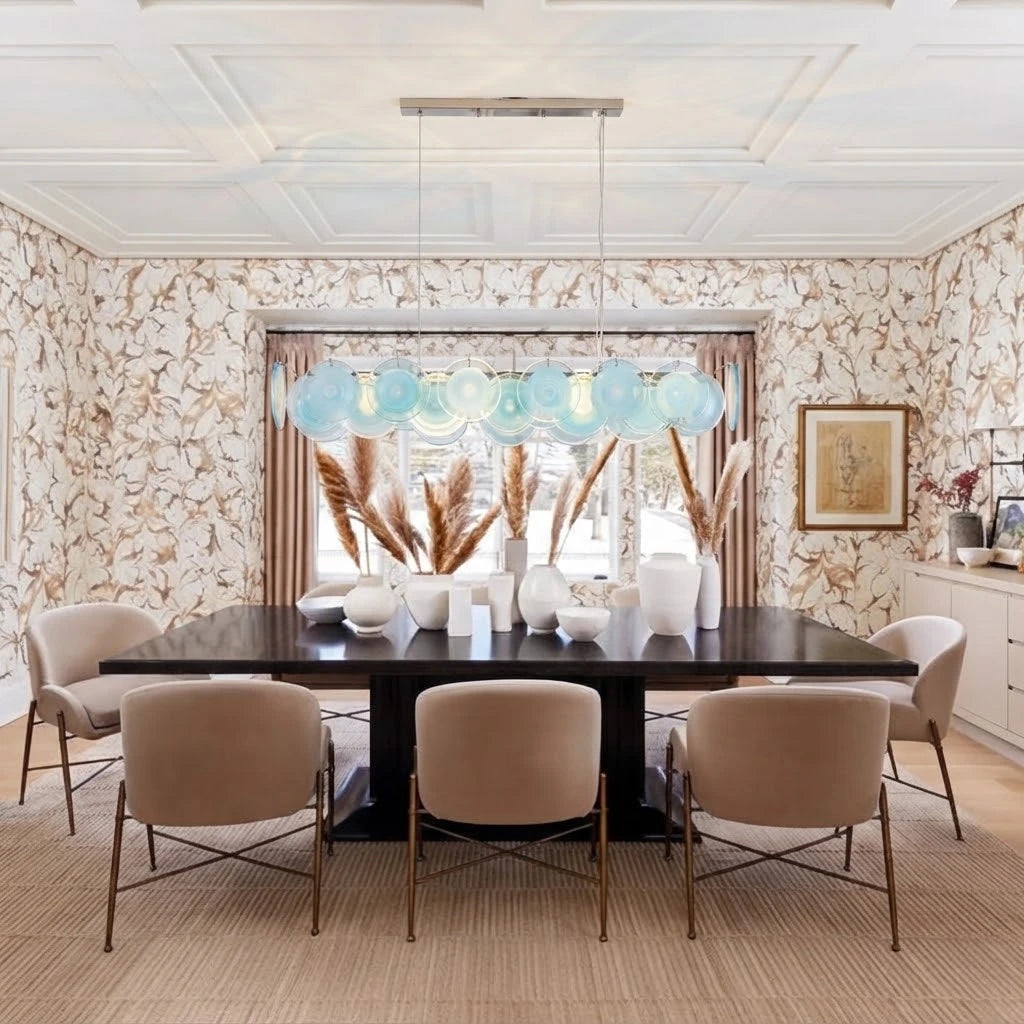 Modern Teal Layered Wave Disc Art Glass Linear Chandelier in Open Plan Dining Setting