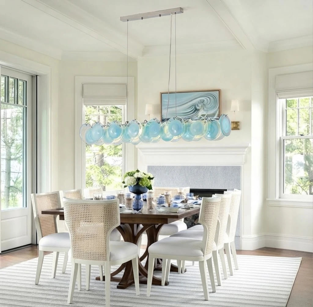 Modern Teal Layered Wave Disc Art Glass Linear Chandelier in Contemporary Dining Room