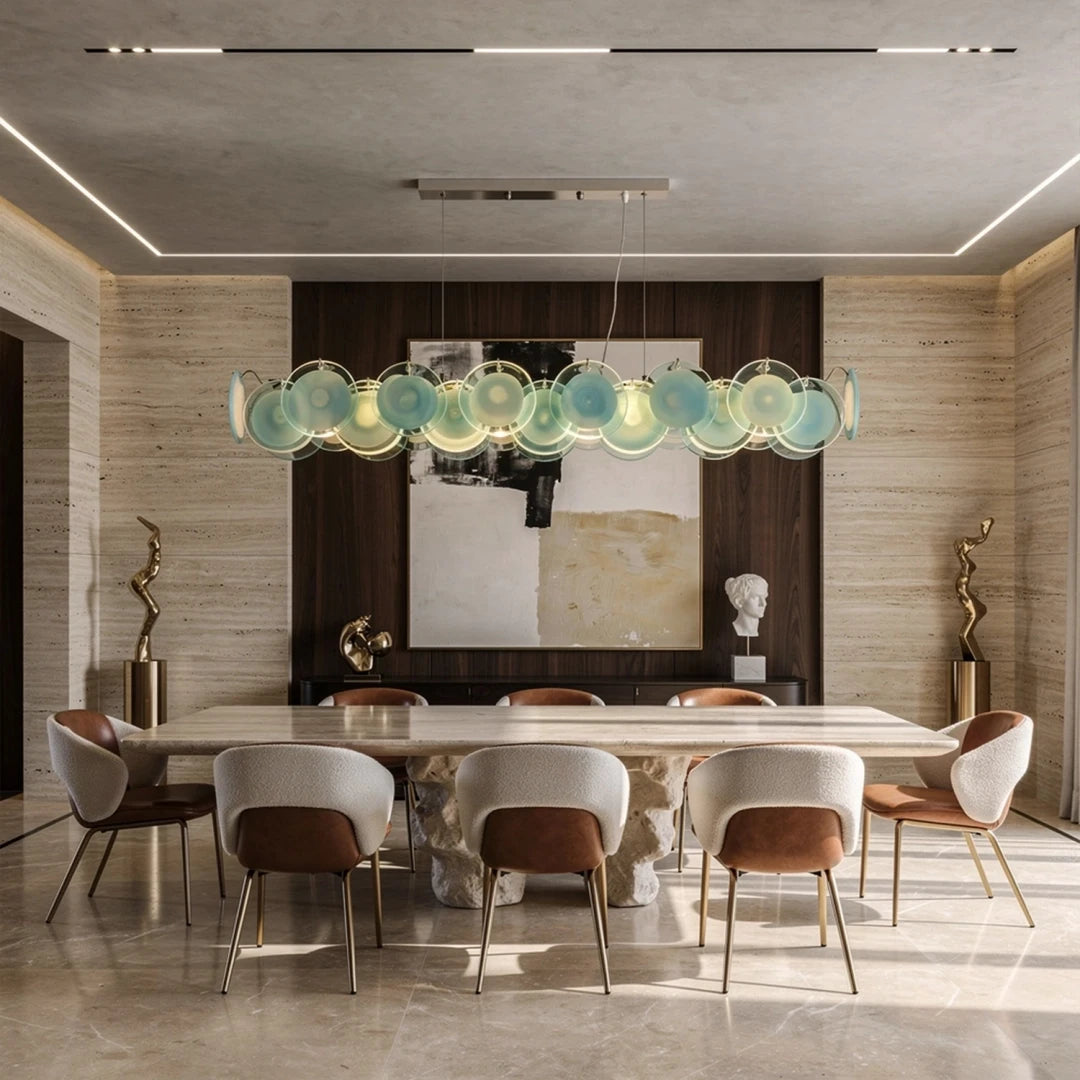 Modern Silver Frame Teal Wave Disc Linear Chandelier in Luxury Dining Area