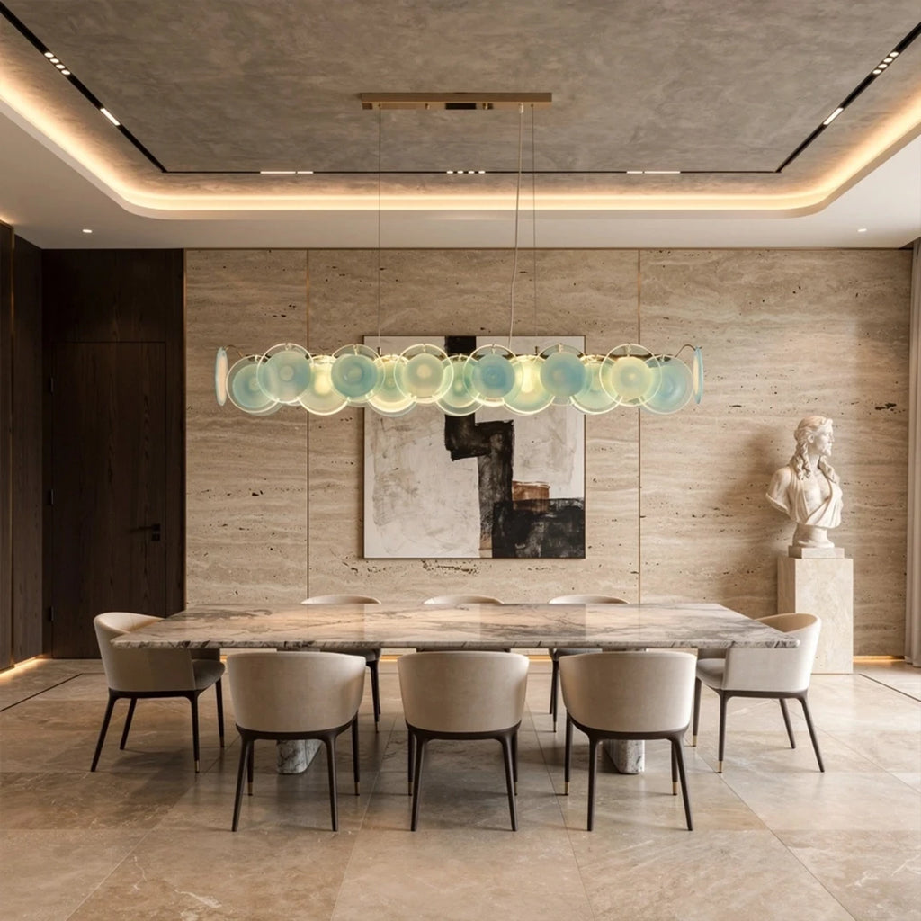 Modern Teal Layered Wave Disc Art Glass Linear Chandelier in Grand Dining Room