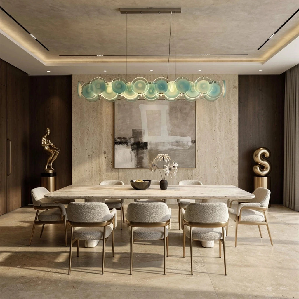 Modern Silver Frame Teal Wave Disc Linear Chandelier in Elegant Dining Setting