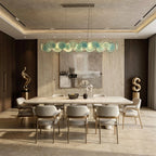 Modern Silver Frame Teal Wave Disc Linear Chandelier in Elegant Dining Setting