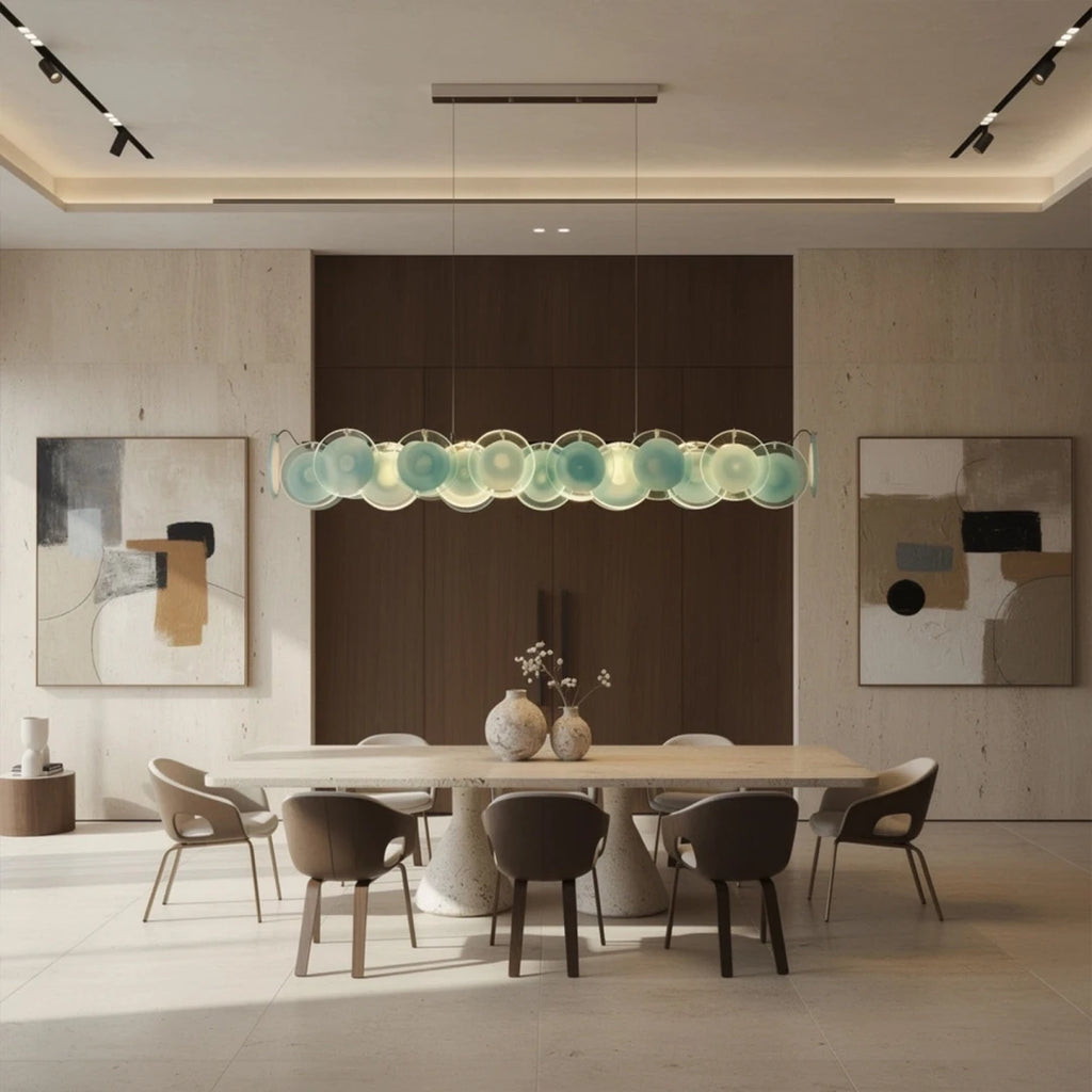 Modern Teal Layered Wave Disc Art Glass Linear Chandelier in Contemporary Dining Space