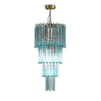 Modern Blue Multi-Tier Tiered Crystal Glass Chandelier with Gold Canopy on Pure White Background