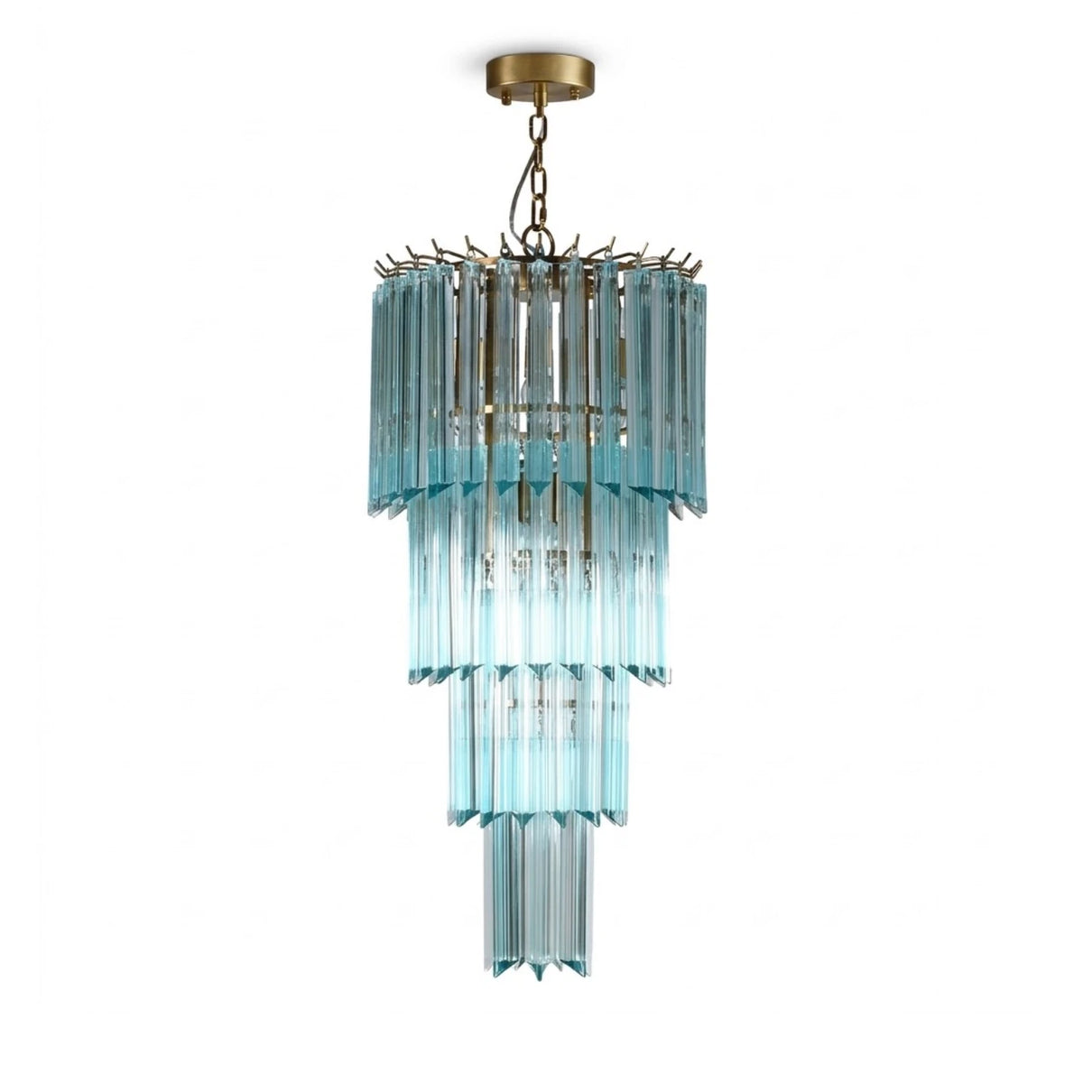 Modern Blue Multi-Tier Tiered Crystal Glass Chandelier with Gold Canopy on Pure White Background