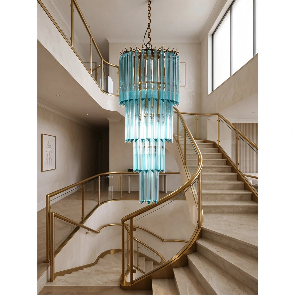 Modern Blue Multi-Tier Tiered Crystal Glass Chandelier Over Staircase