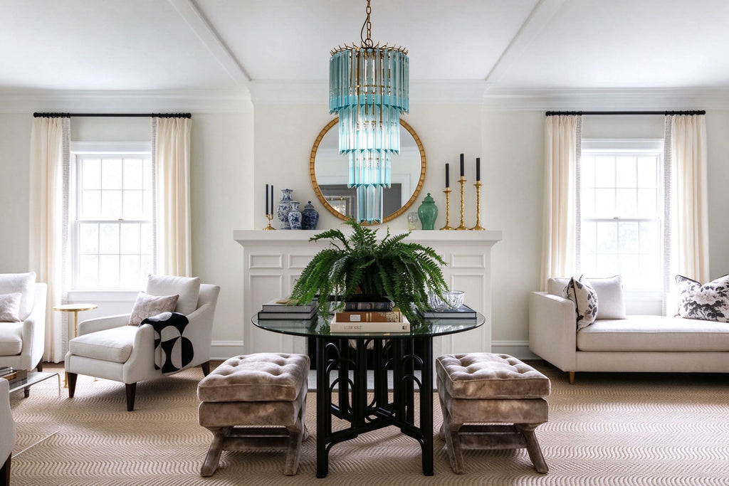 Modern Blue Tiered Crystal Glass Chandelier in Bright Living Room
